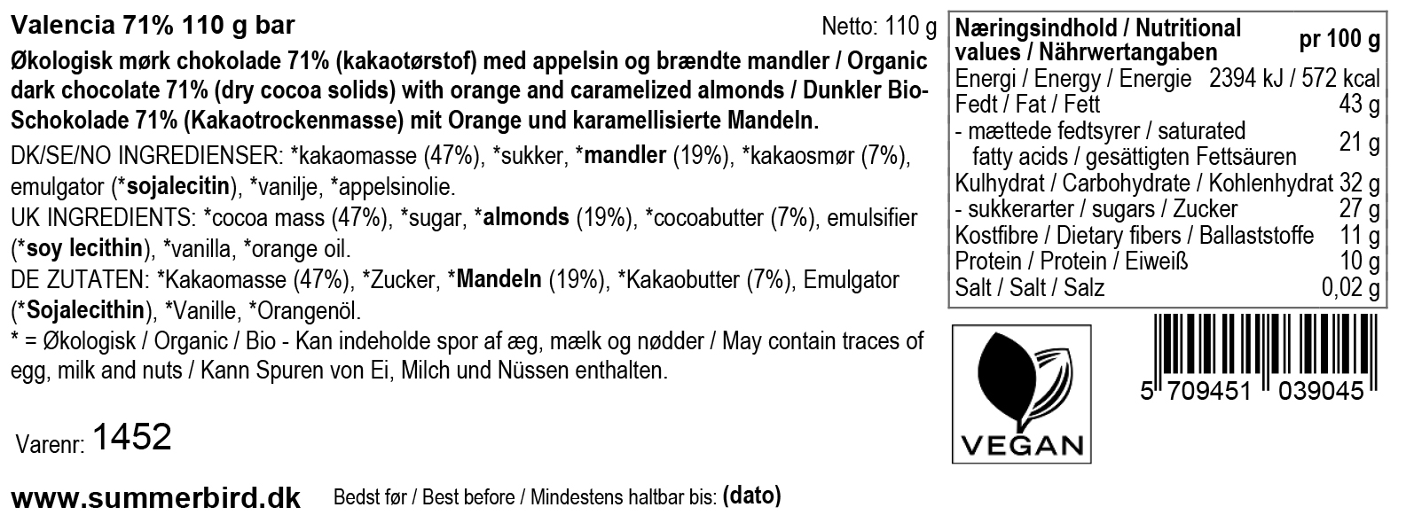 Se ingrediensene - Valencia 71 % - 110 g - Vegansk