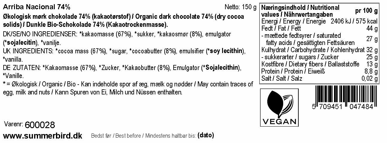 Se ingredienser - Arriba Nacional 74%