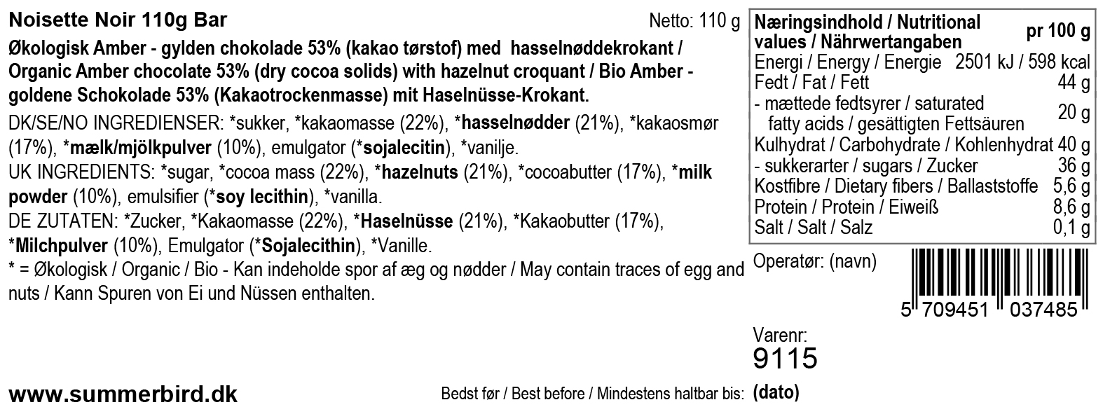 Se ingrediensene - Noisette Noir - 110 g