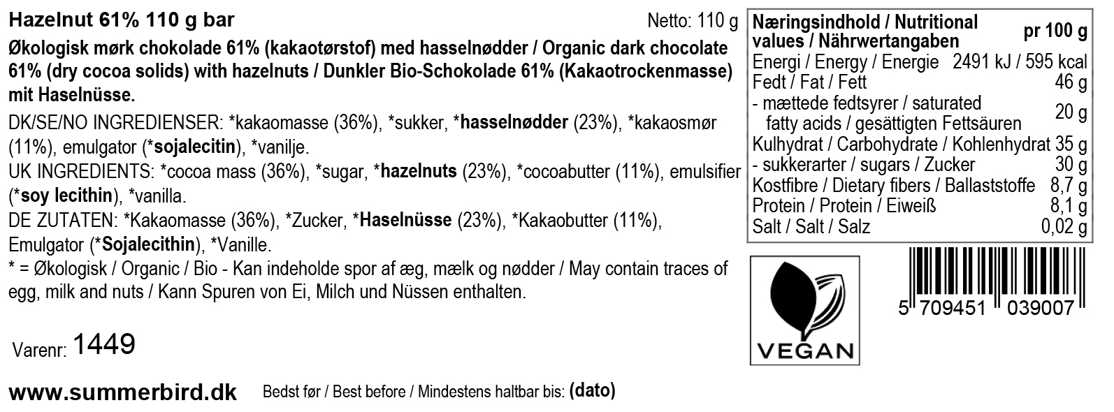 Se ingrediensene - Hazelnut 61 % - 110 g - Vegansk